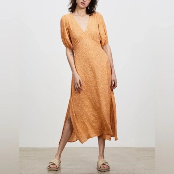 Kivari Women's Fleur Ditsy Midi Dress Orange Rust Floral Print Tie Waist Size XS - Picture 6 of 16